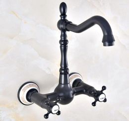 Bathroom Sink Faucets Dual Handle Duals Hole Wall Mount Basin Faucet Oil Rubbed Bronze Vanity Kitchen Cold Water Taps Dnf466