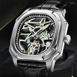 Armbanduhren AESOP Echtes Schwungrad Tourbillon Mechanische Uhren für Männer Sappire Leuchtendes Skelett Hohl Tonneau Männliche Uhr Relogio Masculino