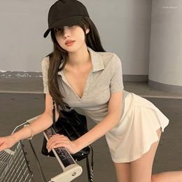 Women's Tracksuits Summer Solid Polo Shirt Culottes Set Women Short Sleeve Clothes Sexy V-Neck Top Pantskirt Matching Suit Female Sportswear