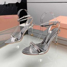 miui high-quality Sandals Crystal Women Pointy Toe Silver Ankle Strap Thin High Heel Shoes Summer Party Wedding Designer