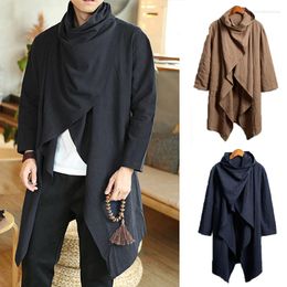 Men's Trench Coats Retro Cotton Linen Jackets Windbreaker Solid Scarf Collar Long Sleeve Irregular Cloak Fashion Pullover For Men
