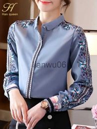 Women's Blouses Shirts H Han Queen New Office Lady Blusa Vintage Print Tops Simple Elegant Chiffon Women Blouses Korean Chic Long Sleeve Casual Shirts J230802