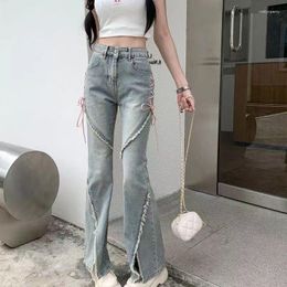 Women's Jeans American Split Women Pink Bandage High Waist Irregular Spliced Denim Pants Zipper Trousers Y2k Pantalon Femme Slim