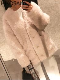 Women's Jackets Fashion Furry Plush Coat V-neck Single Breasted Loose Lamb Wool Jacket Women Autumn Winter Warm Japanese Elegant Outwears