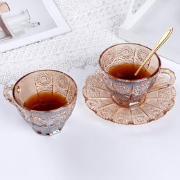 Wine Glasses Phnom Penh Crystal Glass Coffee Cup And Plate Set Creative European Retro Relief Sunflower Breakfast Milk