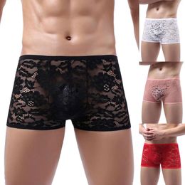 Underpants Sexy Underwear For Men Boxers Briefs Solid Colour Breathable Low Waist Knitted Lace Boxer Panties Plus Size