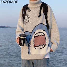 Men's Sweaters ZAZOMDE Men Turtlenecks Shark Sweater Men Winter Patchwor Harajuku Korean Style High Neck Oversized Grey Turtleneck For Men 230803