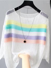 Women's Sweaters 2023 Summer Hollow T-shirt Candy Color Thin Section Loose Mid-sleeved Top Striped Matching Three-quarter Sleeves