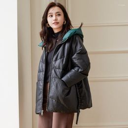 Women's Leather 2023 Genuine Jacket For Women Warm Down Coats Winter Loose Real Sheepskin Jackets Hooded Manteau Femme