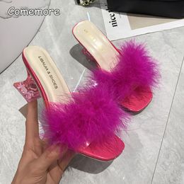 Sandals Comemore Women Slippers Summer Fashion Stiletto Sandals Open Toe High Heel Fur Heels for Woman Pink Shoes Sapatos Femininos 230802