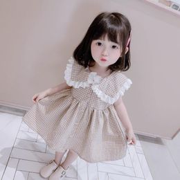 Girl Dresses Children's Princess Dress Girls' Chequered Sleeveless Lace Neck Girls Summer Clothes 2023 Teenager Party