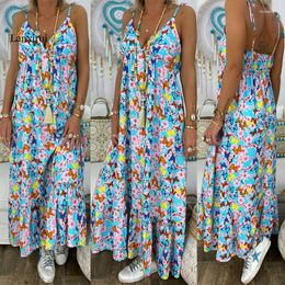 Casual Dresses Womens Boho Floral Maxi Dress Party Strappy Spaghetti Strap Summer Beach Holiday Sling Sundress