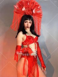 Stage Wear Nightclub Custom Christmas Year's Day Red Feather Tassel Headdress Gogo Bar Costume Set