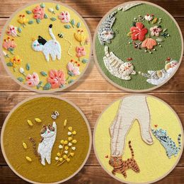 Chinese Style Products DIY Flower Cat Embroidery Handcraft Needlework Cross Stitch Cotton Embroidery Painting Embroidery Hoop Home Decor