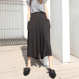 Women's Pants Fashion Street Style Summer Large Pocket Stitching Loose Tight Waist Capri Versatile Wide Leg Skirt Pant