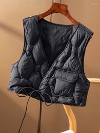 Women's Vests Korean Down Cotton Vest Jacket Women 2023 Autumn Winter V Neck Lace Up Sleeveless Tops Loose Casual Vintage Light Cropped