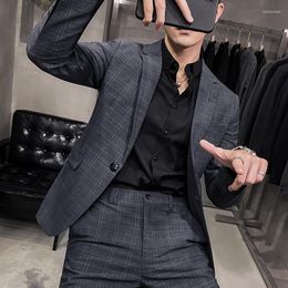 Men's Suits (Blazer Pants) Fashion Gentleman Plaid Italian-style Casual Business Korean Version Repair Wedding Work 2-piece Set