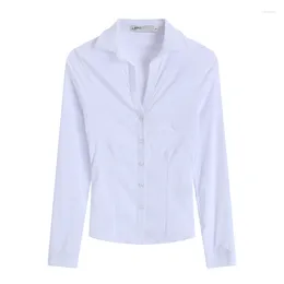 Women's Blouses OL Style White Long Sleeved Thin Shirt Spring Autumn Chic Young Girl Sexy Slim Fit Polo Neck Single Breasted T-shirt