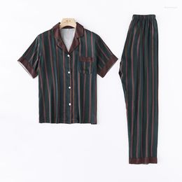 Women's Sleepwear Couple's Simple Dark Green Stripe Shirt Pajamas For Women Lapel Satin Short Sleeve Trouser Suits Viscose Two Piece Set