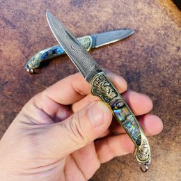 S7202 Small Folding Knife Damascus Steel Blade Brass with Coloured Shell Handle EDC Pocket Gift Knives Outdoor Tools