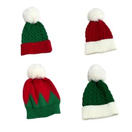 Party Hats 4 Colours Knitted Winter Hat Kids Green Red Stitching Wool Cap Warm Fur Ball Cold Hats Children Christmas Plush Pompom Beanie Hat Q399