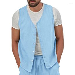 Men's Jackets Summer 22023 Leisure Solid Colour Cotton Vest Men Button Cardigan Sleeveless Tower Top