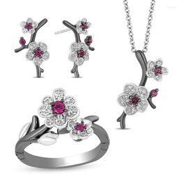 Necklace Earrings Set Elegant Magnolia Flower Jewellery Metal Branch Red Rhinestone Floral Pendant Crystal Stud Ring Sets Z4T549