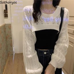 Women's Knits Tees Knitted Shrugs Women Solid Loose Crop Top Hollow Out Designer Hipster -arrival Soft Teenagers Full Sleeve All-match Ulzzang 230803
