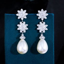 Charm Flower Imitation Pearl Designer Earring for Woman Wedding Luxury White AAA Cubic Zirconia Drop Stud Diamond Earrings S925 Sterling Silver Needle Jewellery