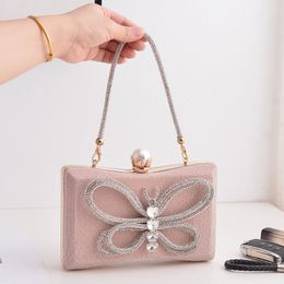 Evening Bags Fashion Bow Bag for Women Evening Handbags Clutch Purse with Rhinestone Pink Colour Ladies Crossbody Chain Bag Luxury Design 230803