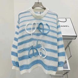 2023 Autumn and Winter Advanced Feel Casual Age Reducing Blue and White Stripe Hollow Pullover Knitted Sweater for Women