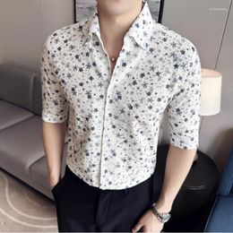 Men's Casual Shirts SUNWANG Brand V-neck Elastic Lace Floral Men Slim Fit Fashion Blouse Summer Half Sleeve Business Dress Shirt