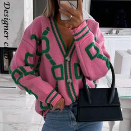 Women's Sweaters Women Cardigan Green Striped Pink Knit Button Lady Cardigans Sweaters V-neck Loose Casual Winter Fashion Knitted Coat 230803