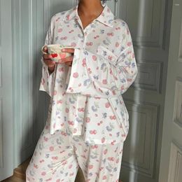 Women's Sleepwear Loose Pyjama Set Floral Print Long Sleeve Ladies 2 Pcs With Pant Single Breasted Oversize Pijama Suit Female
