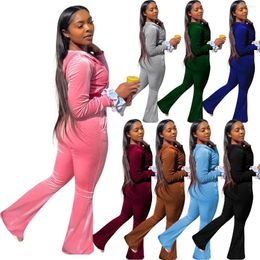 Women's Two Piece Pants 2023 Autumn Winter Women Outdoor Casual Sports Solid Velvet Set Crop Top And Flare Tracksuit Sweatsuit Outfits