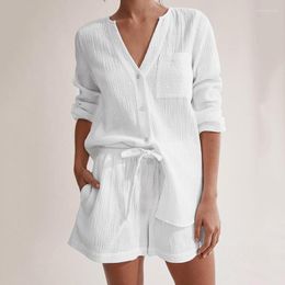 Women's Sleepwear 2023 Summer Pajamas Double Layer Gauze Long Sleeve Shorts All Cotton Air Conditioned Suit Fashion White Home Set V-neck