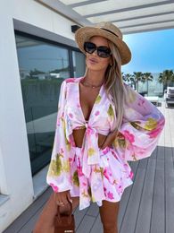 Women's Tracksuits Summer Deep V-neck Beach Style Shorts Suit Lantern Sleeve Loose Jumpsuit Holiday Casual Wear Fashion Print Two-piece Set