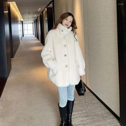 Women's Fur Faux Sheep Coat For Women Winter 2023 Vintage Stand Collar Loose Warm Jacket Woman Long Sleeve Solid Color Thicken Outerwear