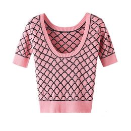 Women's T-Shirt Pink Plaid Knitted T Shirt Women Sexy U-Neck Backless Tshirt Short Sleeve Casual Thin Short Tee Shirt Summer Tops Womens Clothes 230802