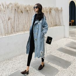 CHIC retro denim trench coat women's mid-length over the knee 2023 spring waist temperament Y2209