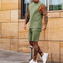 Men's Tracksuits Solid Color Simple Two-piece Sets Casual Thin Section Lace-up Five-piece Pants Sleeveless Tops Summer Sports Male Suits 23