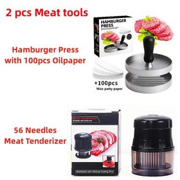 Meat Poultry Tools 2pcs Set 56 Needles Stainless Steel Tenderizer and Aluminum Hamburger Press with 100Pcs Oilpaper Kitchen Gadgets 230802