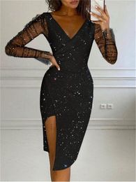 Casual Dresses Femme Long Sleeve Transparent Skinny Party Robe Sexy Lady Club Clothing Women Rhinestone Sheer Mesh Bodycon Midi Dress