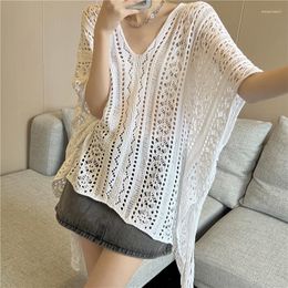 Women's Blouses Chic Hollow Out Shirts V-Neck Short Sleeve Women 2023 Summer Female Casual Loose Knitted Elegant Korean T810