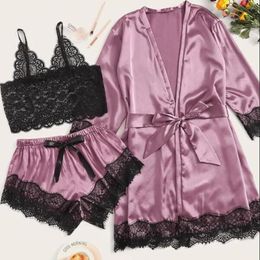 Women's Sleepwear 3pc/Sets Women Lace Trim Satin Wireless Bra Camisole Shorts Pajamas Bow Robe Lingerie Set Nightgown Ladies Homewear