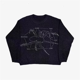 Herrenpullover Spider Punk Musterdruck Strick ONeck Unisex Pullover Y2K Harajuku Street Wear Fairy Grunge 90 High Loose Paar Pullover 230802