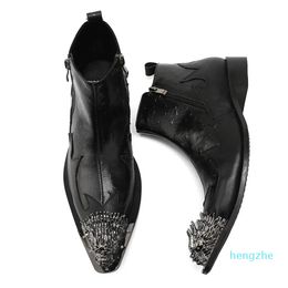 Winter Fashion Party Men Boots Black Leather Ankle Boots Metal Pointed Toe Motorcycle Short Boot Big Size