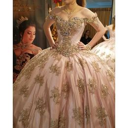 2023 Sexy Pink Quinceanera Dresses Ball Gown Off Shoulder Gold Lace Appliques Crystal Beads Ball Gown Party Dress Prom Evening Gowns Corset Back Long Sleeves