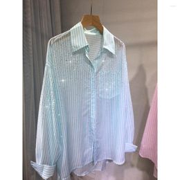 Women's Blouses Summer Casual Loose Drilling Striped Shirts & Women Turndown Collar Long Sleeve Button Up Pink Ladies Tops