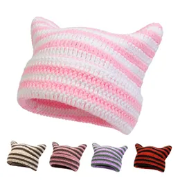 Designer Lovely Cat Ears Knitted Beanies Hat Stripe Winter Warm Cap Hair Bonnet Head Wamer Headbands Gorro